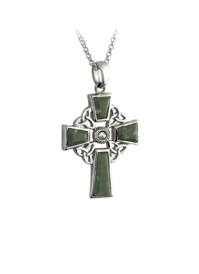 White background cut out shot of Sterling Silver Connemara Marble Celtic Cross Pendant